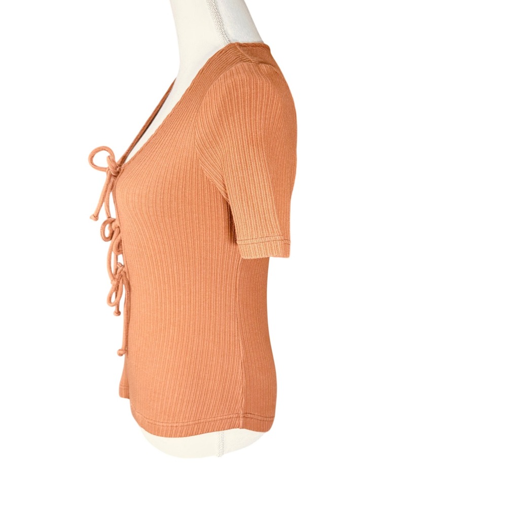 Free People Ribbed Lace Up Tie Front Top Terracotta Brown Short Sleeve Medium - Picture 8 of 12